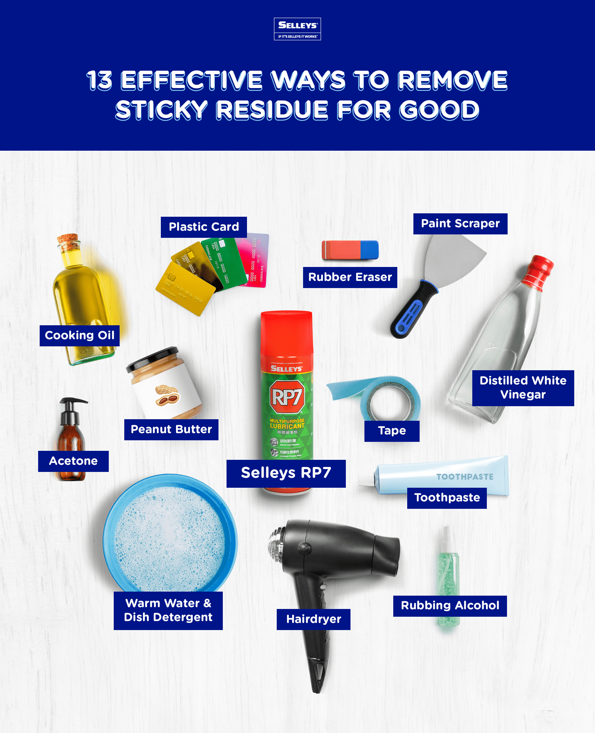 Infographic showing the items that are effective in removing sticky residue
