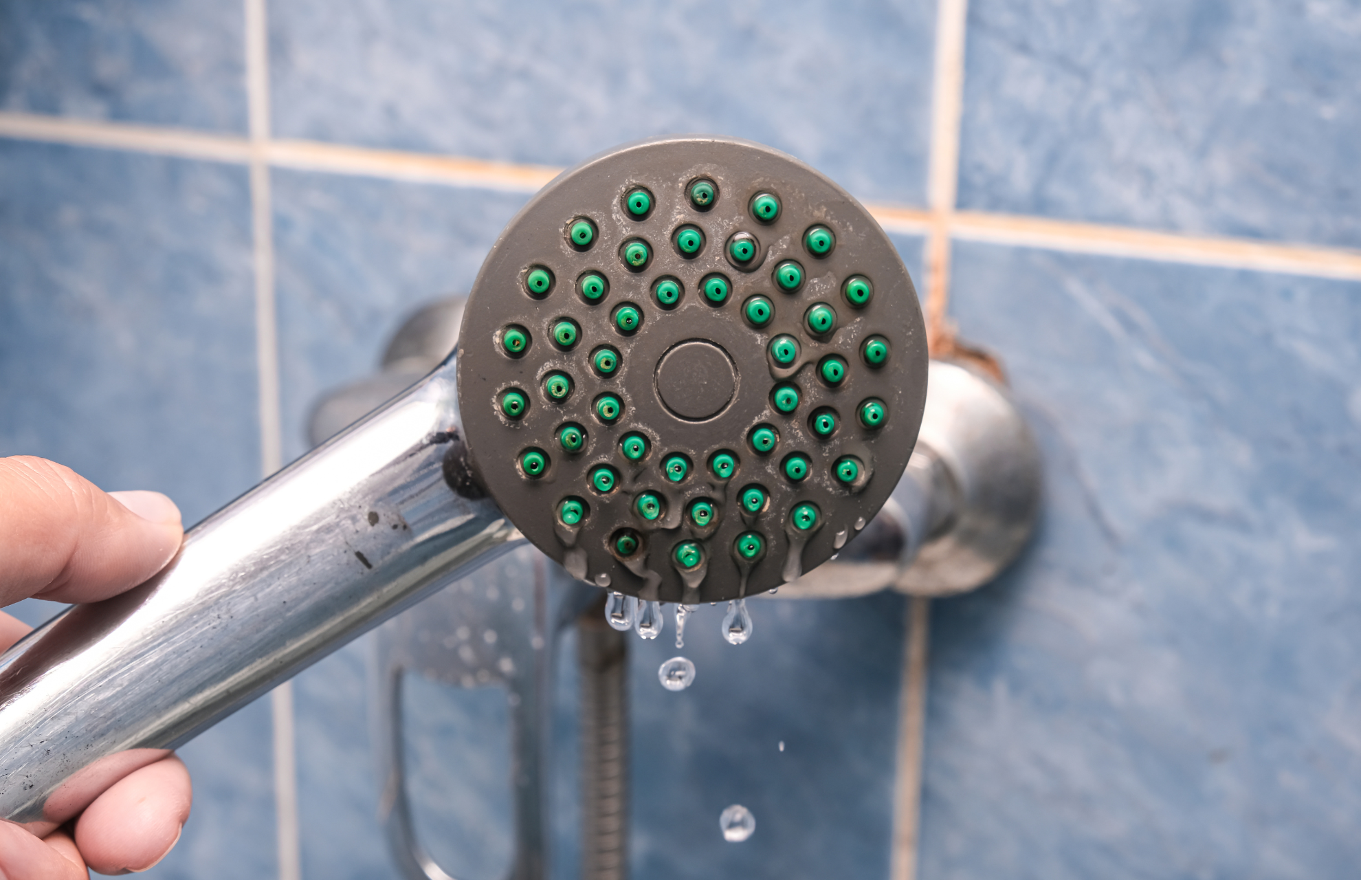 Person holding a leaking shower head